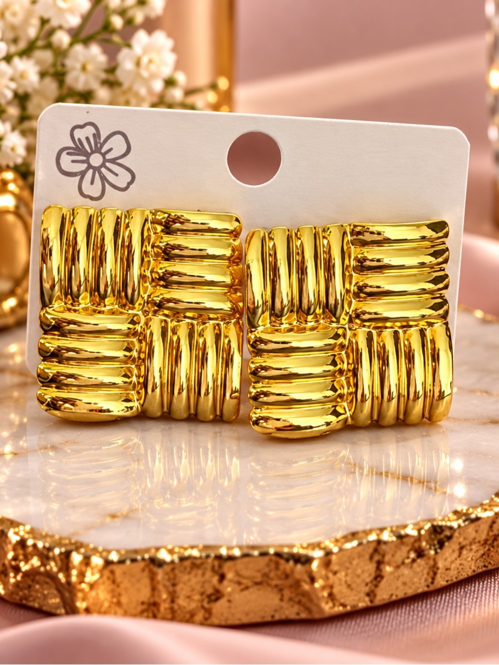 Gold Tone Textured Square Clip-On Earrings - Women Accessories